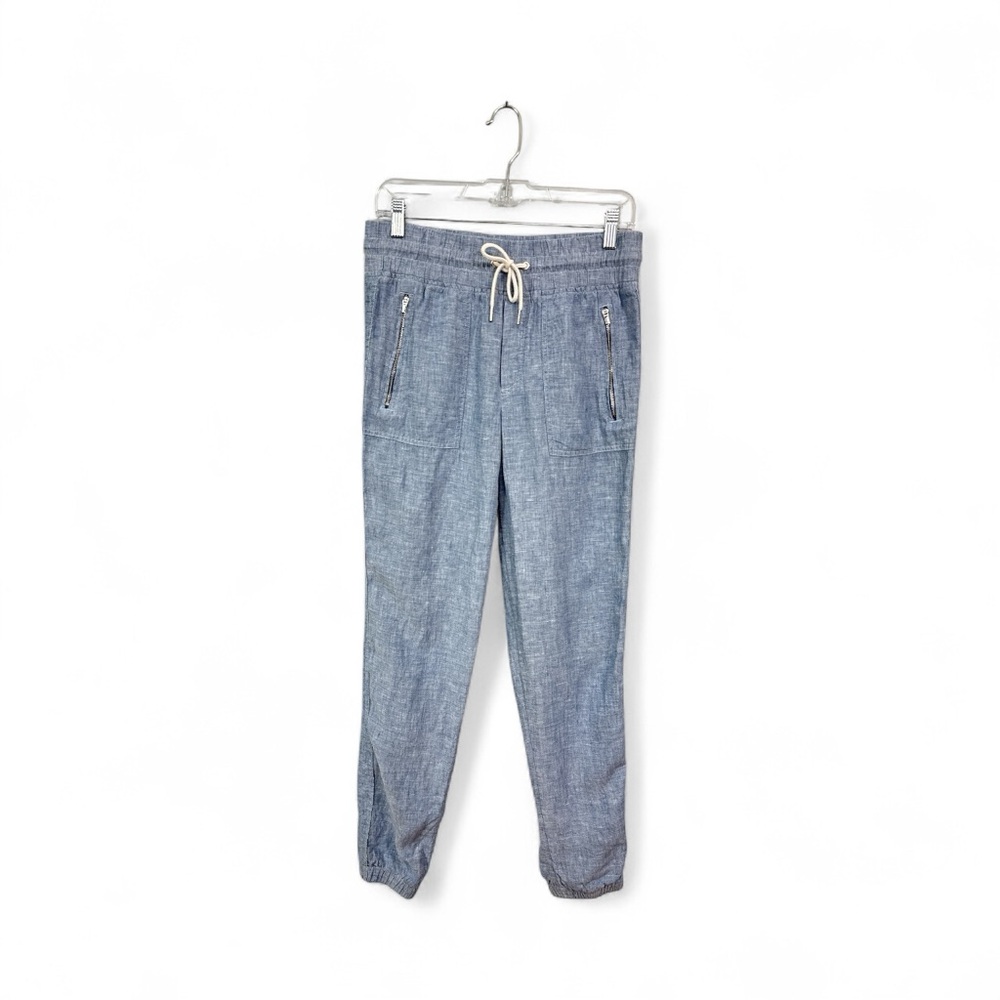 Athleta Women's Tall 6 6T Long Jogger Pants Blue 100% Linen Zipper Pockets
